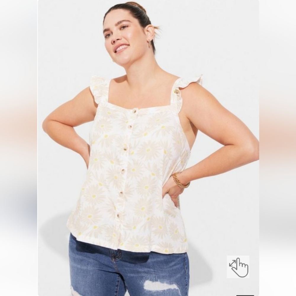 New Torrid 5X(28W) Double Gauze Ruffle Button Front Tank Top- Daisy N…